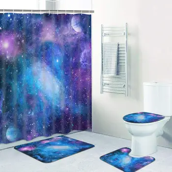 Комплект Штор для душа Purple Galaxy с Нескользящим Ковриком, Крышкой для Унитаза и ковриком для ванны, Занавески для ванной комнаты Starry Space с 12 крючками