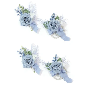 4 шт., Пыльно-голубой корсаж и набор Бутоньерок, аксессуары для цветов на запястье, браслеты для корсажа с искусственными цветами на запястье