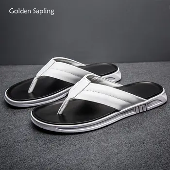 Шлепанцы для отдыха Golden Sapling, Мужские тапочки на плоской подошве из натуральной кожи, повседневная обувь для мужчин, Модные шлепанцы для вечеринок, пляжная обувь