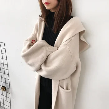 Корейский дизайн, свитер-кардиган X-Long с капюшоном, женские пальто оверсайз, теплые вязаные женские пальто в акции
