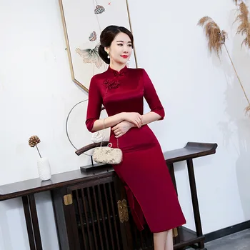 Yourqipao Китайское платье Винно-красного цвета для Свадебного банкета, Свадебное платье для матери Невесты, Атласное Женское вечернее платье Cheongsam 2023