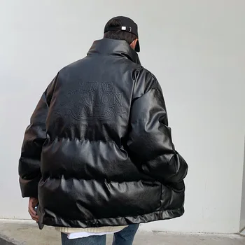 Зимняя мужская кожаная куртка, Корейская хлопчатобумажная одежда, Свободная хлопчатобумажная куртка из искусственной кожи, мотоциклетная одежда, плотные теплые пальто