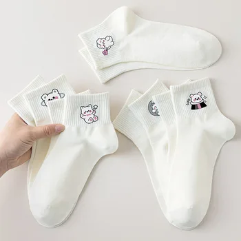 5 пар высококачественных женских белых носков из чистого хлопка, летние тонкие японские впитывающие пот и дышащие носки с мультяшным мишкой