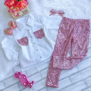 Модная детская одежда, Белая рубашка и розовые леггинсы с блестками, комплекты детской весенней одежды для девочек, комплект праздничной одежды для девочек TZ106