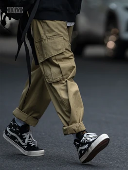 Японская уличная одежда, ретро Брюки-карго, Мужская одежда, Весна-осень, Корейские прямые брюки Harajuku, повседневные мешковатые брюки цвета Хаки, мужские