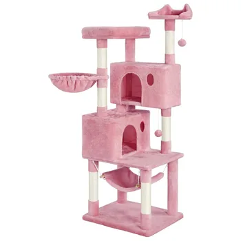 64-дюймовая многоуровневая кошачья башня на дереве с кондоминиумами и когтеточками, розовая