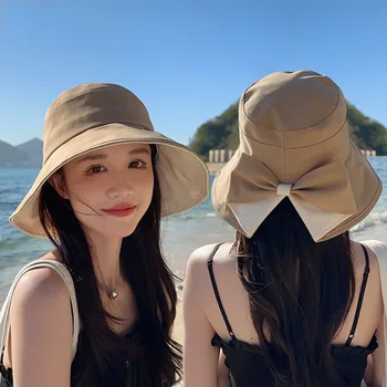 Женская летняя шляпа-панама, Новая дизайнерская Рыбацкая шляпа с бантом для путешествий на открытом воздухе, Пляжная солнцезащитная шляпа, Модная солнцезащитная кепка с большими полями
