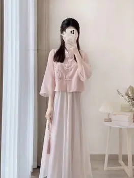 Розовое Новое Женское платье в Китайском стиле, Рубашка с вышивкой, Женский Улучшенный Комплект из Топа и Юбки Hanfu, Комплект Из платья Chiifon Cheongsam