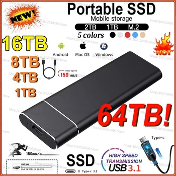 Портативный SSD 64 ТБ hd 4 Тб M.2 Мобильный твердотельный накопитель USB3.1 Высокоскоростной жесткий диск Внешний жесткий диск Для ноутбуков/настольных компьютеров/телефонов
