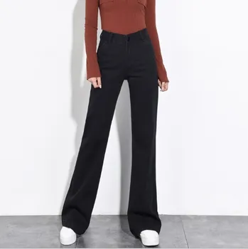 2018, осенне-зимние расклешенные джинсы для женщин, Широкие Свободные черные джинсы, Женские Длинные джинсовые брюки-клеш с высокой талией