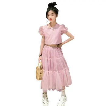 Новый Стиль 2023, Летние Топы с бантом сзади для девочек + Сетчатая юбка, 2 предмета, Розовые Модные Европейские детские костюмы, Комплект одежды для Выступлений