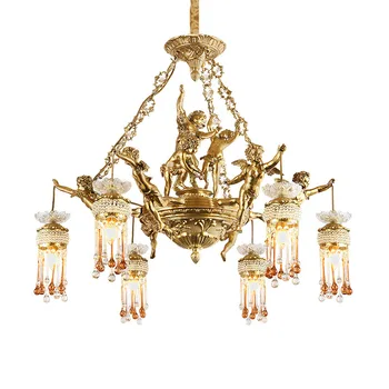 Подвесная люстра в форме Ангела в Европейском стиле для гостиной, роскошная светодиодная лампа E14, медный и хрустальный декор для комнаты, подвесной светильник