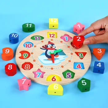 Горячие Монтессори мультяшные животные, развивающие деревянные геометрические часы с геометрическим рисунком из бисера, пазлы, гаджеты, соответствующие игрушечным часам для детей