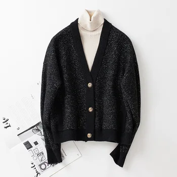 Новый высококачественный короткий женский вязаный свитер с V-образным вырезом, модный тренд, однотонная куртка