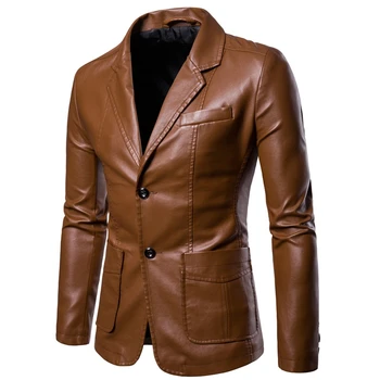Мода однобортный ПУ мужская кожаная куртка повседневная сплошной цвет молния тонкий Весна мужская куртка уличная одежда отворот куртка мужчины 