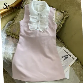 2023 Летнее розовое платье, Женские Элегантные мини-платья трапециевидной формы без рукавов с оборками, Дизайнерские платья для подиума, Vestidos Para Mujer