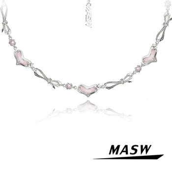 MASW, оригинальный дизайн, сладкие ювелирные изделия, высококачественное Толстое Посеребренное ожерелье с розовым сердечком Для женщин, подарок на свадьбу для девочек