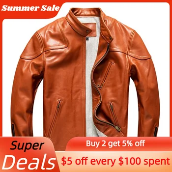 Оранжевая мужская весенняя куртка Размера плюс 5XL в мотоциклетном стиле из натуральной конской кожи, осенние приталенные короткие пальто из натуральной кожи