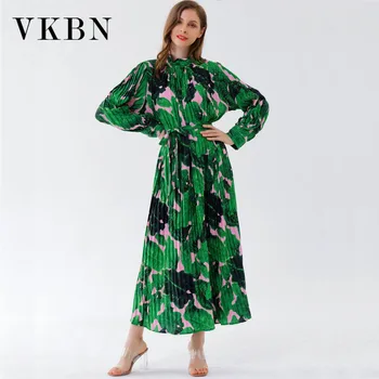 VKBN Летнее Зеленое платье, женский повседневный пуловер из ткани с цветочным принтом и рюшами, длинный рукав, Элегантное платье Макси для Вечеринки, высокое качество