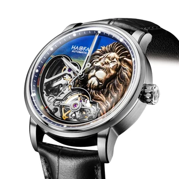 Автоматические механические часы Haofa Skeleton для мужчин, 3D Сапфировый лев, Светящиеся Водонепроницаемые мужские часы из нержавеющей Стали, Бизнес 2265