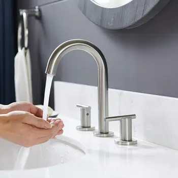Современный матовый никель с 2 ручками и 3 отверстиями, широко распространенный смеситель для ванной комнаты, лучший коммерческий смеситель для раковины в ванной комнате, смеситель для туалетного столика