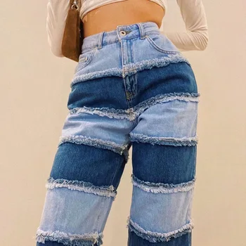 Лоскутные Новые женские джинсы y2k, Летние Свободные, тонкие, с высокой талией, Повседневные, широкие, модные, с манжетами, Прямые, Длинные Джинсы, синие