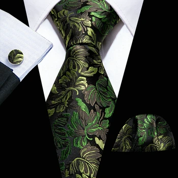 Модный Зеленый черный шелковый галстук Флоал для мужчин, галстук, носовой платок, запонки, набор свадебных деловых запонок Barry. Броши-булавки для галстука Wang 5945