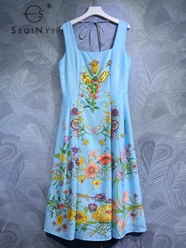 SEQINYY Элегантное платье Миди На лето и Весну, Новый Модный дизайн, Женское платье для подиума, без бретелек, на шнуровке, Винтажный цветочный принт, бисероплетение