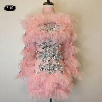 Розовое сетчатое платье со стразами, Женское Сексуальное платье с жемчужными пайетками, сценический халат, танцевальный костюм для певицы, Праздничные наряды для ночного клуба