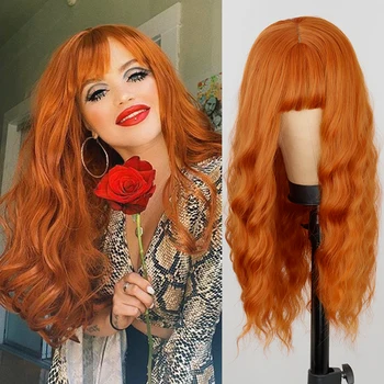 Длинный оранжевый парик с челкой волнистые локоны рыжая челка синтетический женский оранжевый длинный парик естественного вида подходит для ежедневного