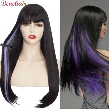 Benehair 24-дюймовый синтетический цветной Длинный Прямой парик с челкой, парики с эффектом Омбре Для женщин, Розовый, Красный, Фиолетовый парик для косплея