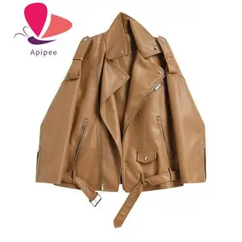 APIPEE Высокое Качество 2023, Женская Модная винтажная куртка из искусственной кожи с поясом, пальто, женская однотонная верхняя одежда на молнии с длинными рукавами