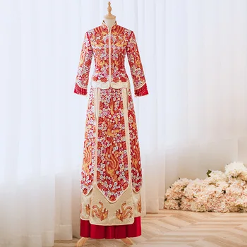 Bride Traditional Tassel Sequins Cheongsam Elegant Chinese Clothing Women Embroidery Wedding Dress  костюм для восточных