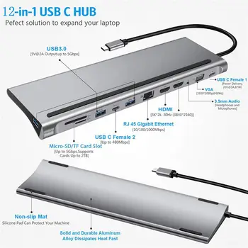 Быстрый концентратор USB Type C 12 в 1 Для двойной док-станции 4K, двойной RJ45 Pd, USB 2.0 Для зарядки, аудиоразъем VGA 3,5 мм, адаптер