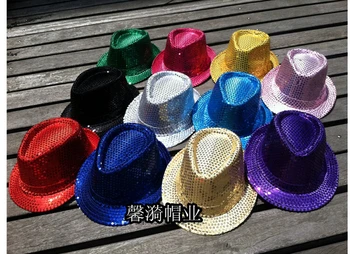 10 шт./лот, мужские и женские фетровые шляпы для хип-хоп вечеринок, блестки, джазовые шляпы, шляпа для выступлений, модная однотонная шляпа, смешивание цветов