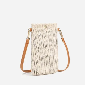 Женская сумка через плечо из плетеной соломы, летняя пляжная сумка из ротанга в Богемном стиле, Небольшой твердый кошелек для монет мобильного телефона