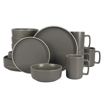Домашний Набор Круглой Темно-Серой Керамической посуды из 16 предметов