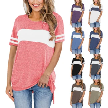 Весенне-летние новые женские рубашки, однотонные повседневные футболки с круглым вырезом, топы с короткими рукавами и разрезом для строчки