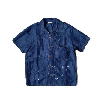 KAPITAL, джинсовый топ с синим танином, хлопковый топ в стиле пэчворк, японский тренд, ретро, льняная рубашка с коротким рукавом