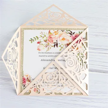 Цветочное приглашение на свадьбу с золотой блестящей вставкой на подкладке для открыток элегантное украшение персонализированная печать 50шт
