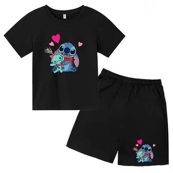 Детская одежда, футболка Disney Stitch, Топ с короткими рукавами для мальчиков и девочек + Шорты, Комплект из 2 предметов, очаровательный Летний Повседневный Костюм в стиле Каваи в стиле Поп