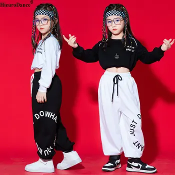 Kpop, детская одежда для танцев в стиле хип-хоп для девочек, черные Укороченные топы, Белые Брюки, современный джазовый сценический костюм, одежда для уличных танцев для девочек