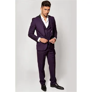 Темно-фиолетовые Мужские костюмы, приталенный вырез на лацкане, две пуговицы, Смокинг для жениха, костюм для свадьбы, 3 предмета, Свадебный костюм