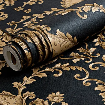Высококачественная черная золотая роскошная текстура с тиснением, металлизированные 3D дамасские обои для стен, рулонный виниловый ПВХ