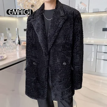 Мужская корейская уличная одежда из искусственного Меха, утепленный шерстью Винтажный Блейзер, Пиджак, Верхняя одежда, Мужское теплое повседневное Свободное пальто, Верхняя одежда