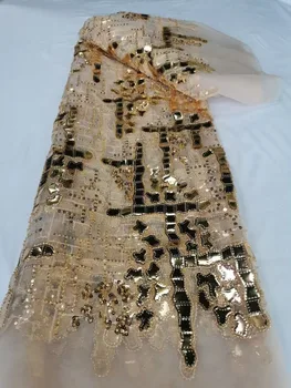 Бархатная африканская кружевная ткань С блестками, золотая французская вышивка, Нигерийская Бархатная тюлевая кружевная ткань с блестками Для свадебного платья