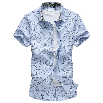 Летние мужские гавайские рубашки с геометрическим рисунком в клетку для отдыха с коротким рукавом camisa masculina, мужская брендовая повседневная рубашка