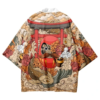 Японский стиль аниме Дамо Кардиган с принтом яйца, кимоно, Свободные женские И мужские костюмы, Юката Харадзюку, традиционные самурайские хаори