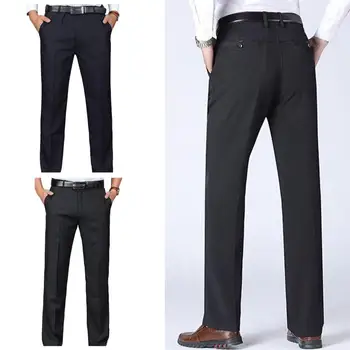 Мужские Классические брюки с высокой талией, карманами на молнии и пуговицах, Мужские брюки, Весна-осень, однотонные, прямого кроя, Свободные деловые брюки