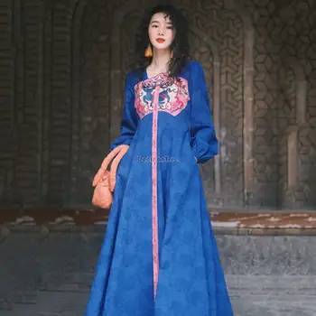 2023 новое винтажное жаккардовое хлопчатобумажное льняное платье с вышивкой в китайском стиле с длинным рукавом для женщин, повседневное платье трапециевидной формы с квадратным воротником